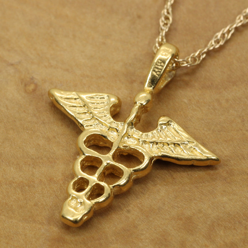 Gold Caduceus Necklace for him or her made in 14kt gold vermeil