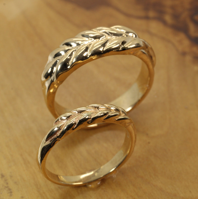 Matching Wheat Wedding Band Set made in 14kt yellow gold