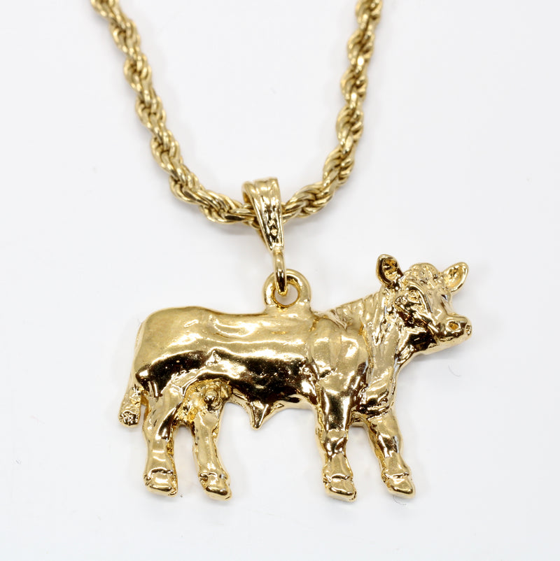 Large Prize Gold Charolais or Hereford Bull Necklace in 14kt Gold Vermeil