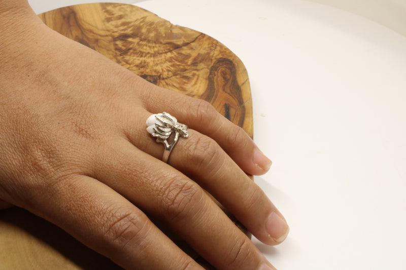 Cotton Boll Ring in 14kt White Gold with Hand Carved white stone and diamonds