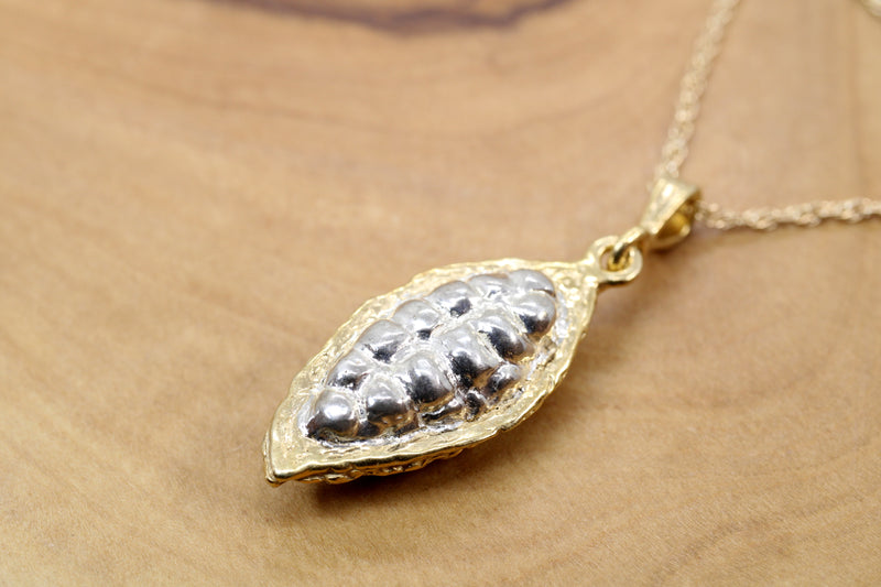 Gold Cocoa or Cacao bean fruit pod pendant made in solid 14kt gold