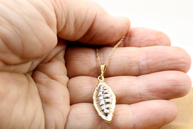 Gold Cocoa or Cacao bean fruit pod pendant made in solid 14kt gold
