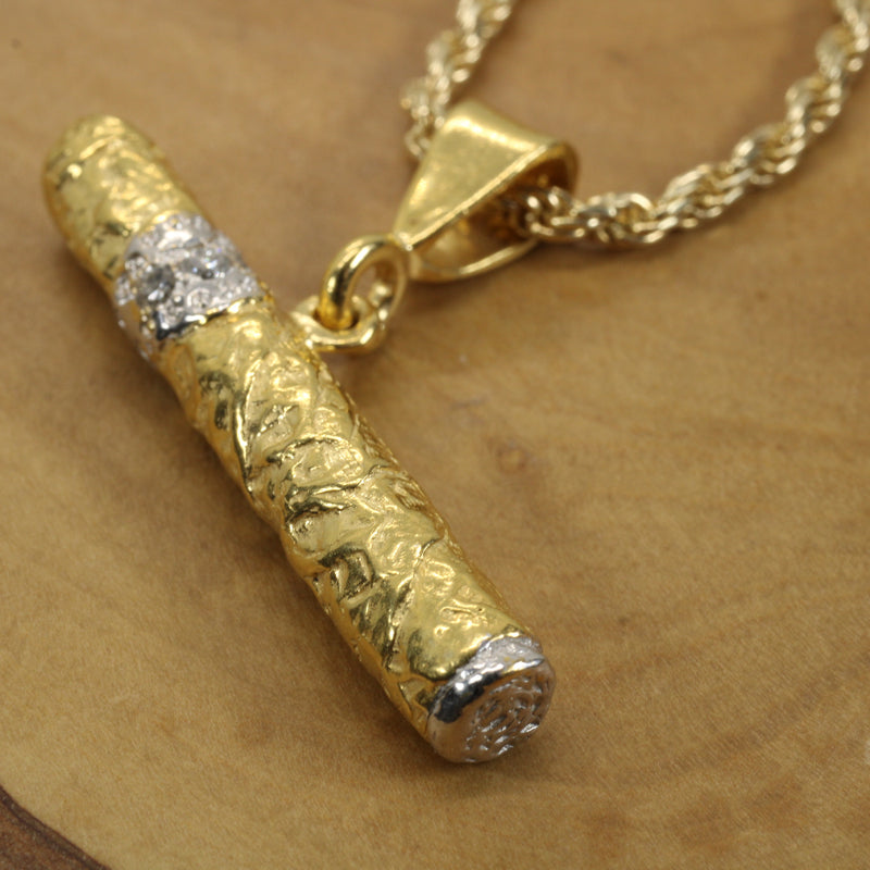 Gold Cigar Necklace with Diamond Band Made in 14kt Gold Vermeil