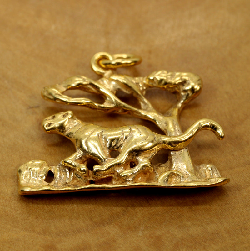 Gold Tiger Running in a Jungle Forest Scene made in 14kt Gold Vermeil
