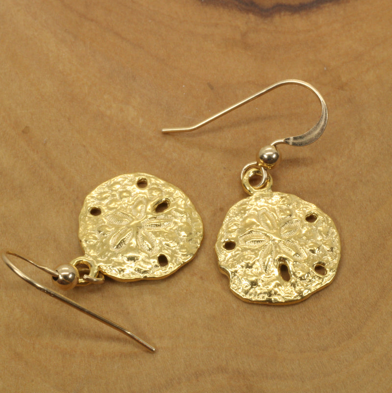 Gold Sand Dollar Dangle Earrings for her made in 14kt gold vermeil