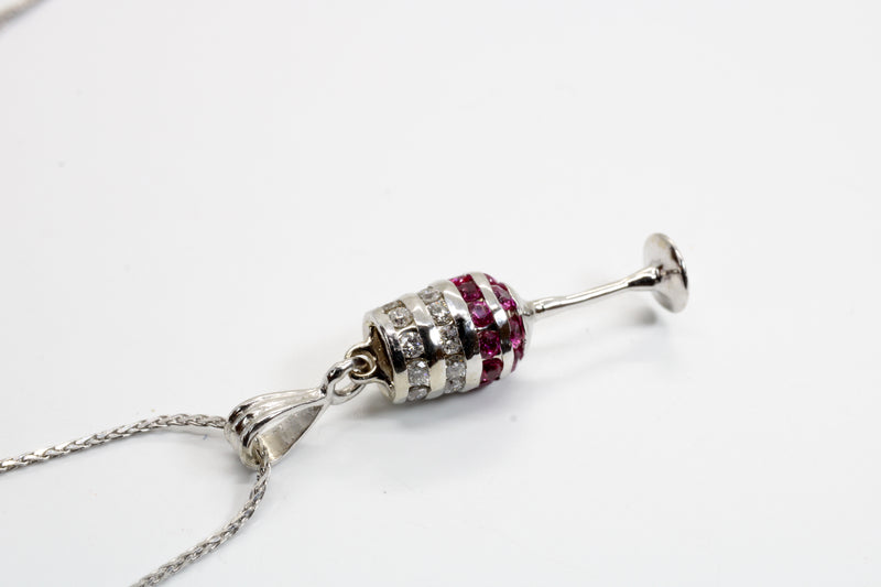 Red Wine Glass Necklace with Diamonds and Rubies in 14kt white gold
