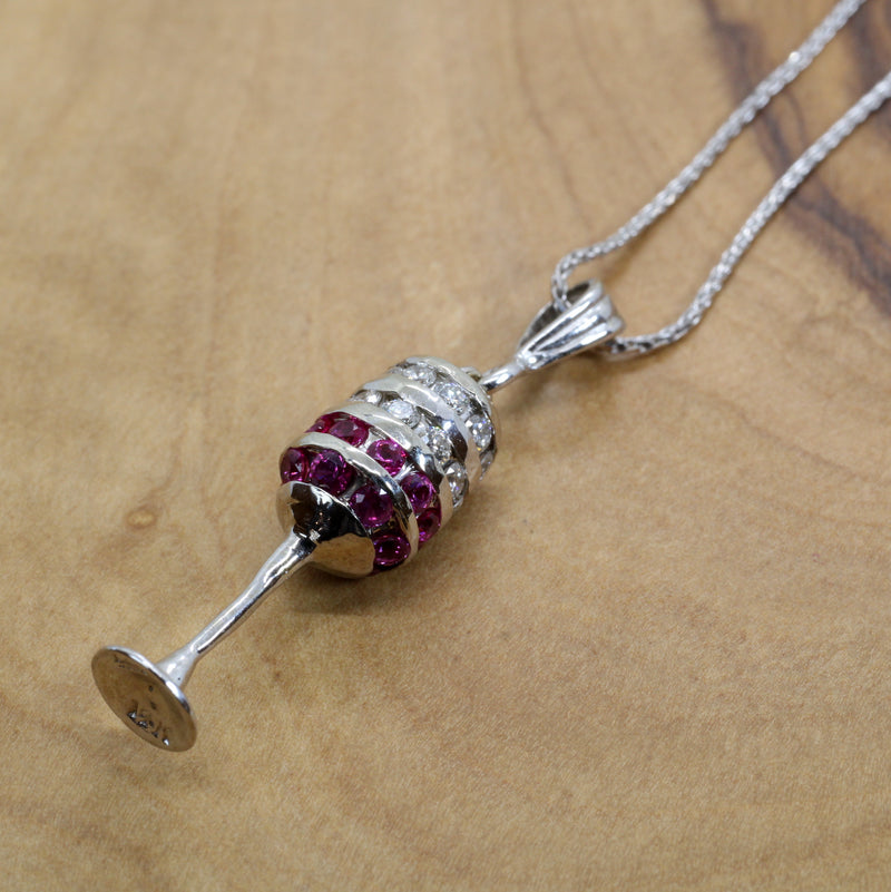 Red Wine Glass Necklace with Diamonds and Rubies in 14kt white gold