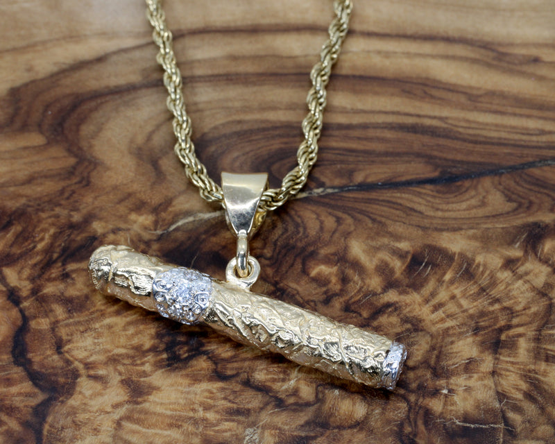 Gold Cigar Necklace with Diamond Band Made in Solid 14kt Gold