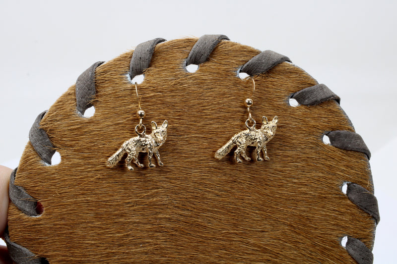 Gold Fox Dangle Earrings for her with Solid 14kt Gold Foxes