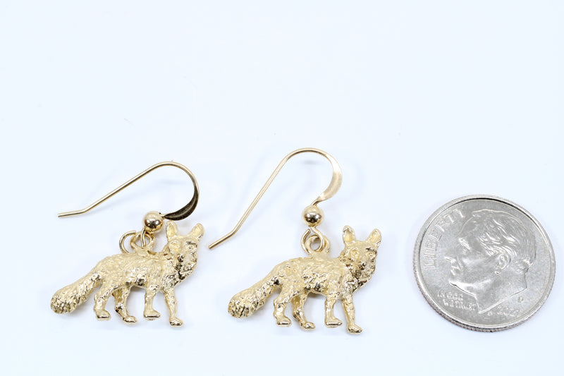 Gold Fox Dangle Earrings for her with Solid 14kt Gold Foxes