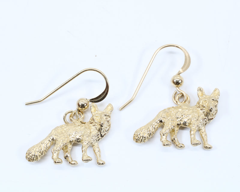 Gold Fox Dangle Earrings for her with Solid 14kt Gold Foxes