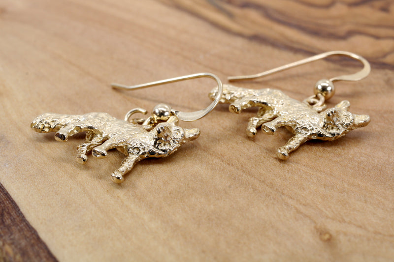 Gold Fox Dangle Earrings for her with Solid 14kt Gold Foxes