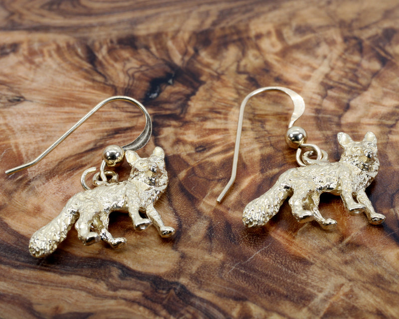 Gold Fox Dangle Earrings for her with Solid 14kt Gold Foxes
