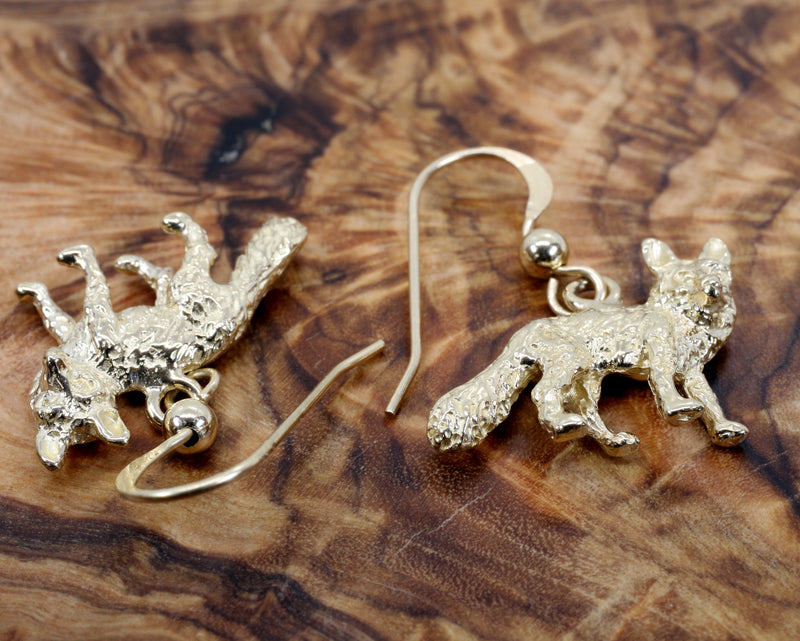 Gold Fox Dangle Earrings for her with Solid 14kt Gold Foxes