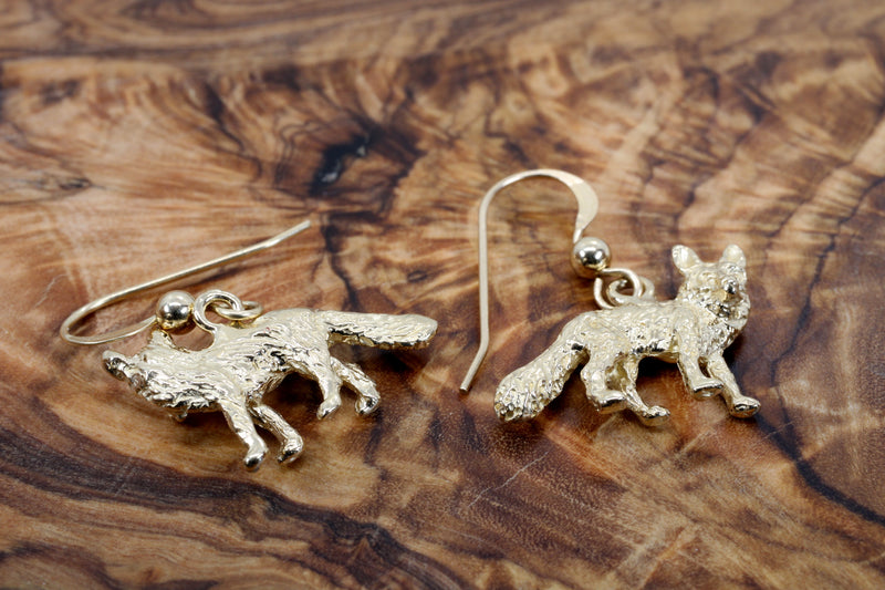 Gold Fox Dangle Earrings for her with Solid 14kt Gold Foxes