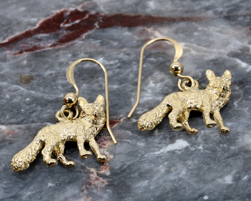 Gold Fox Dangle Earrings for her with Solid 14kt Gold Foxes