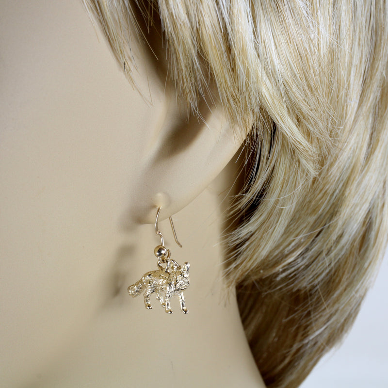 Gold Fox Dangle Earrings for her with Solid 14kt Gold Foxes