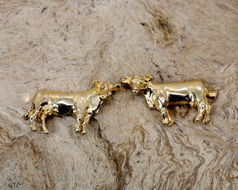 Gold Cow Earrings of a 14kt Solid Gold Beef Cow in stud post Earrings