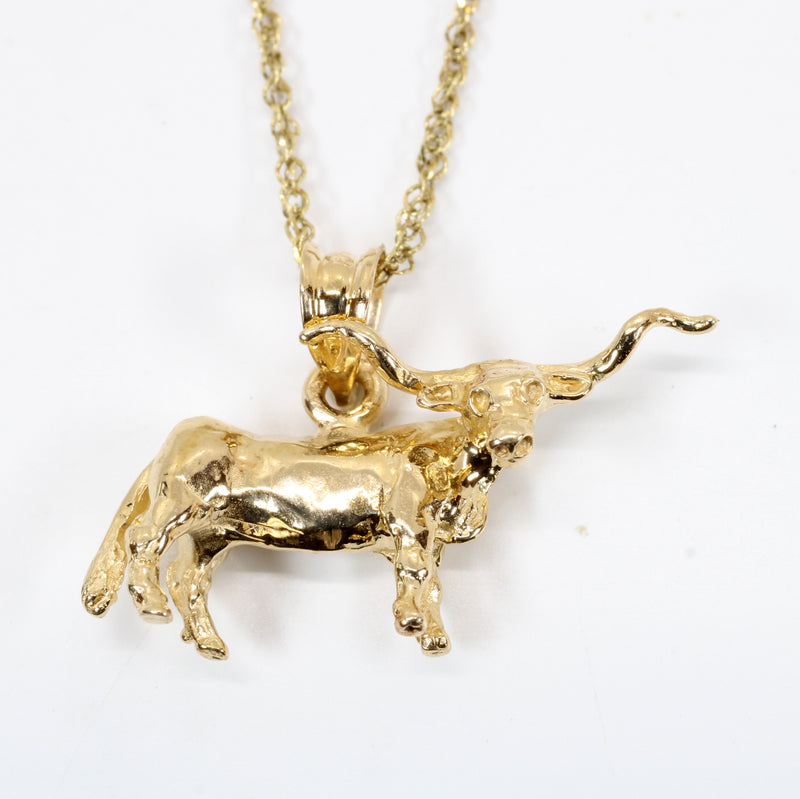 Gold Texas Longhorn Steer Necklace with solid 14kt yellow gold Longhorn
