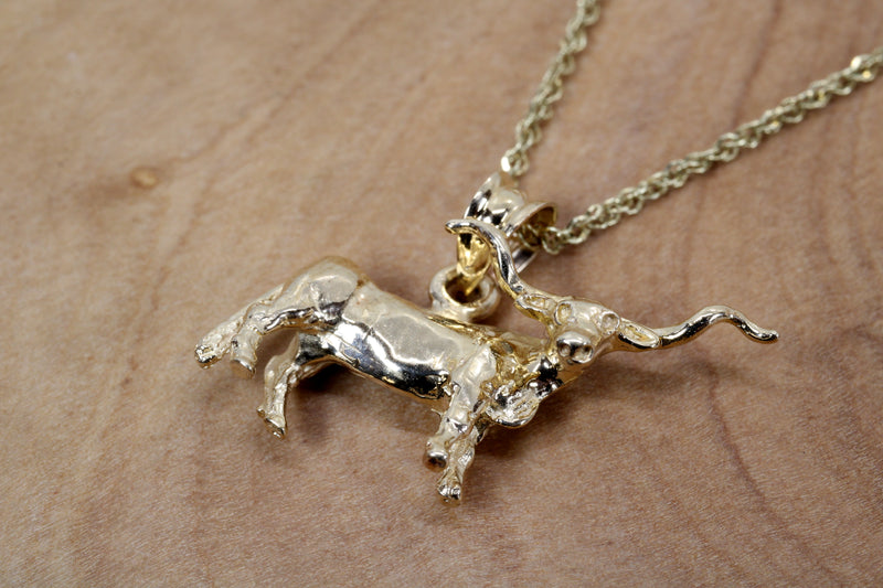 Gold Texas Longhorn Steer Necklace with solid 14kt yellow gold Longhorn