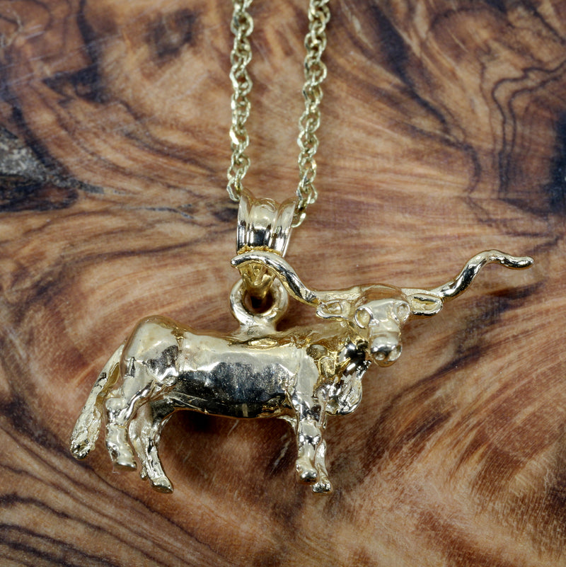 Gold Texas Longhorn Steer Necklace with solid 14kt yellow gold Longhorn