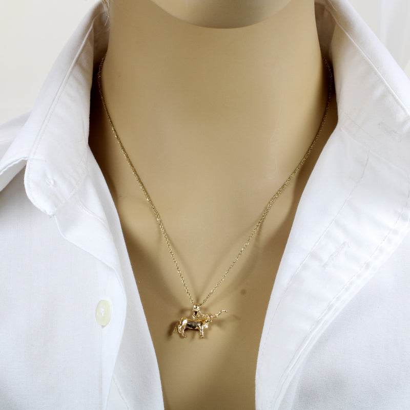 Gold Texas Longhorn Steer Necklace with solid 14kt yellow gold Longhorn