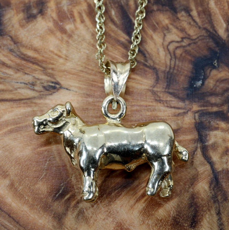 Gold Show Steer Necklace made in solid 14kt gold on 18" chain