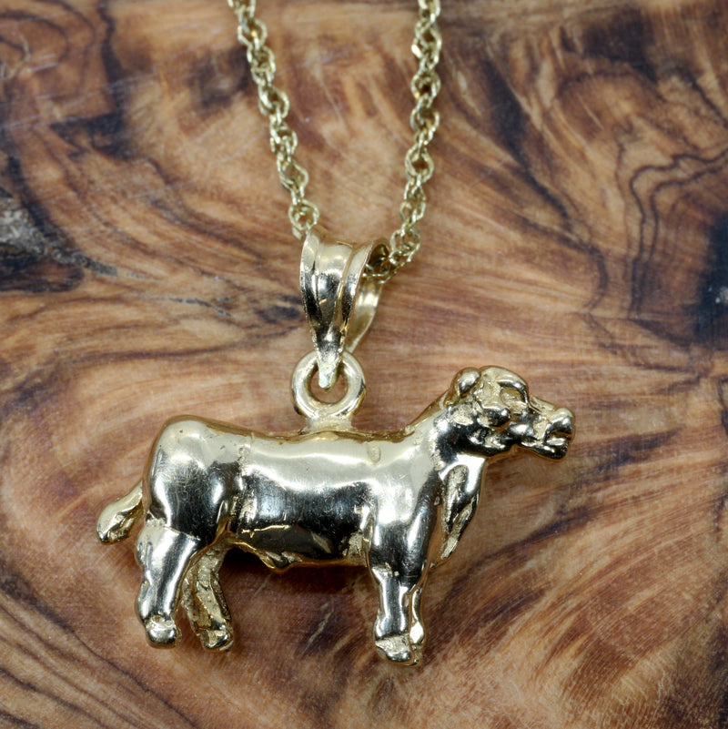 Gold Show Steer Necklace made in solid 14kt gold on 18" chain