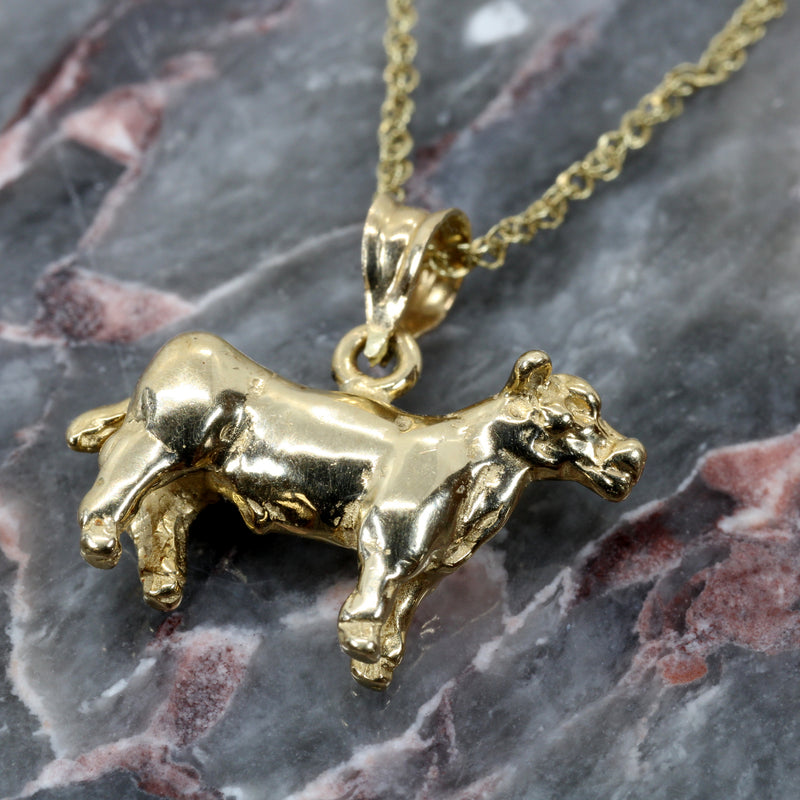 Gold Show Steer Necklace made in solid 14kt gold on 18" chain