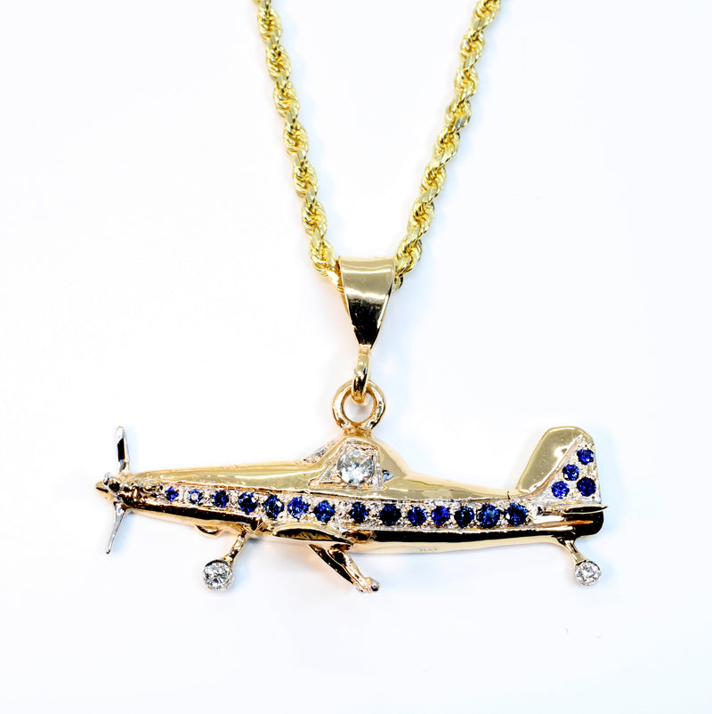 Large Airplane Air Tractor Necklace in 14kt Gold with Sapphires and Diamonds