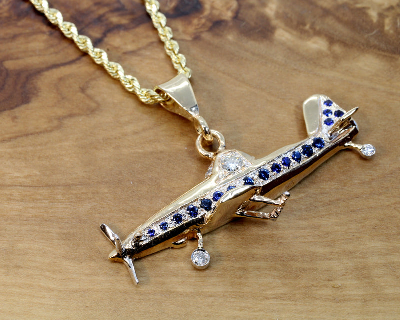 Large Airplane Air Tractor Necklace in 14kt Gold with Sapphires and Diamonds