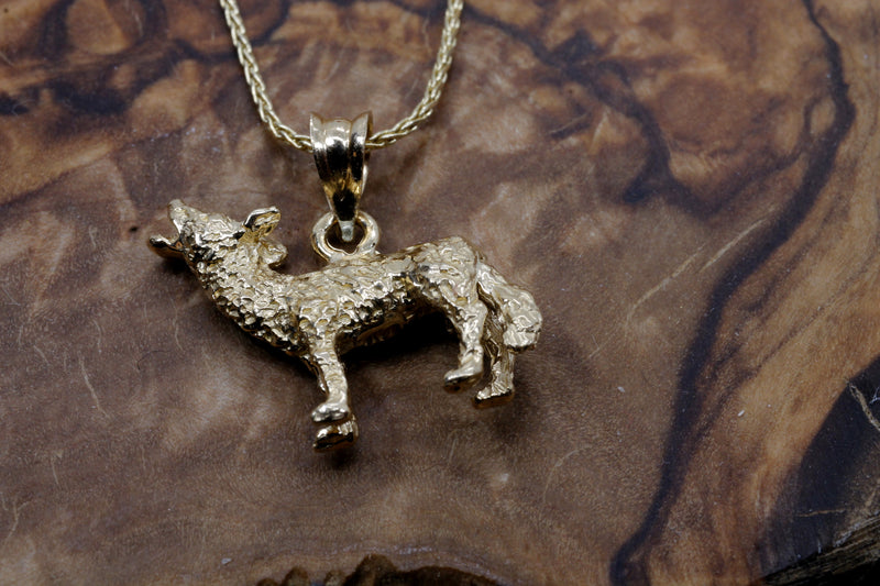 Gold Coyote Necklace with solid 14kt gold 3D Howling Coyote