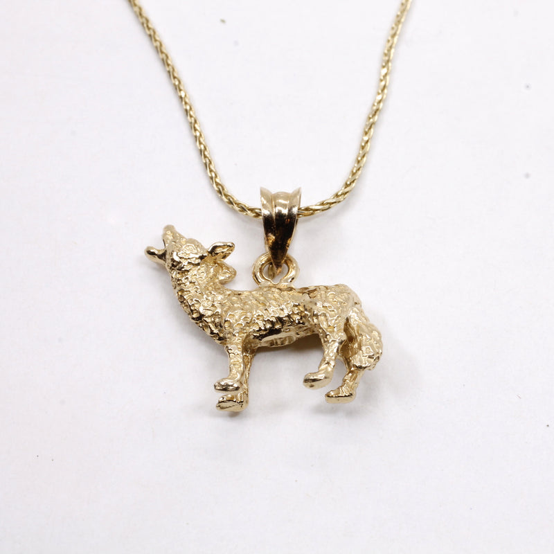 Gold Coyote Necklace with solid 14kt gold 3D Howling Coyote