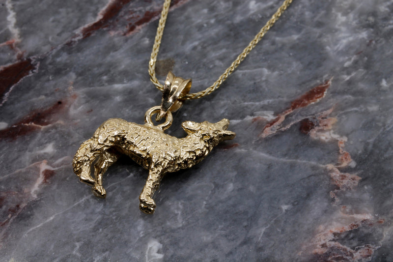 Gold Coyote Necklace with solid 14kt gold 3D Howling Coyote