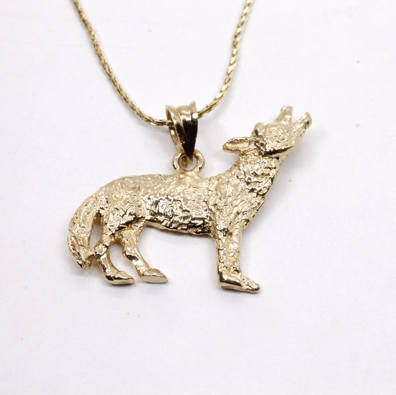 Gold Coyote Necklace with solid 14kt gold 2D Howling Coyote