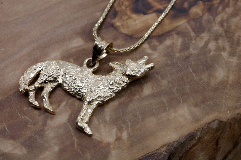 Gold Coyote Necklace with solid 14kt gold 2D Howling Coyote