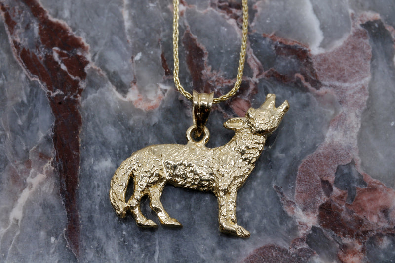 Gold Coyote Necklace with solid 14kt gold 2D Howling Coyote