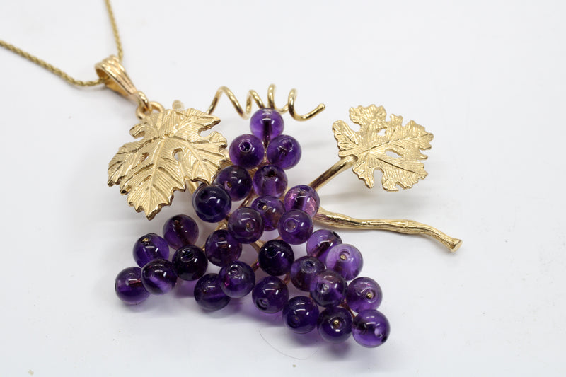 Large Amethyst Grape Cluster Necklace with two leaves made in 14kt Gold