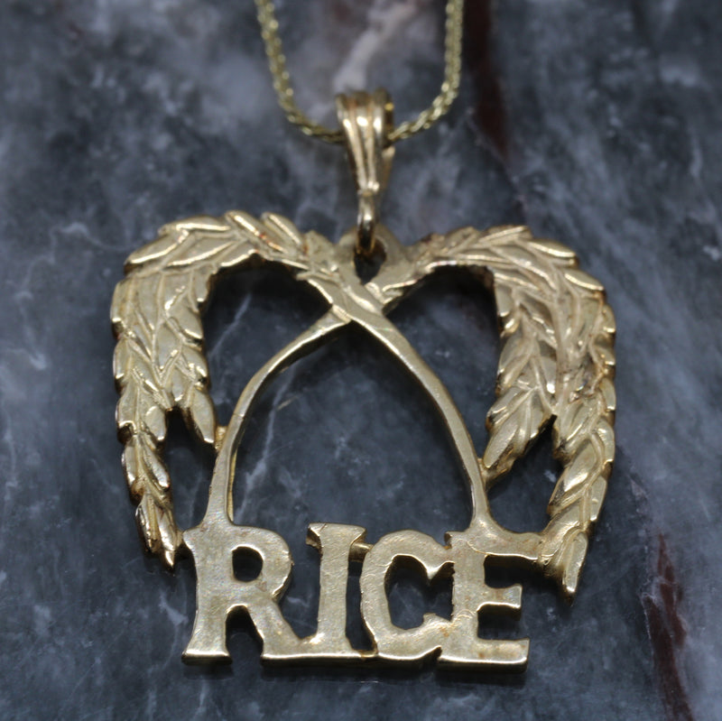 Large Gold Rice Logo Necklace made in Solid 14kt. Gold