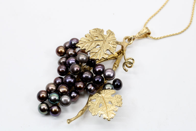 Large Black Pearl Grape Cluster Necklace with two leaves made in 14kt Gold