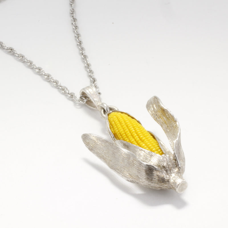 Silver Corn Cob Necklace with Yellow Corn Cob and husks spread open