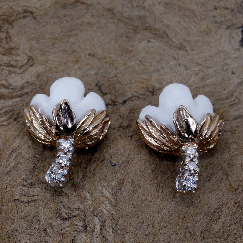 Set of Rose Gold Cotton Boll Necklace and Stud Earrings with Diamonds