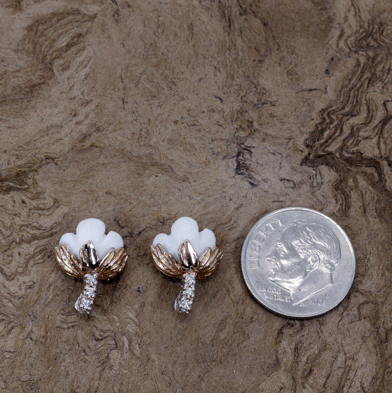 Set of Rose Gold Cotton Boll Necklace and Stud Earrings with Diamonds