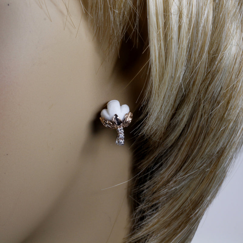 Set of Rose Gold Cotton Boll Necklace and Stud Earrings with Diamonds