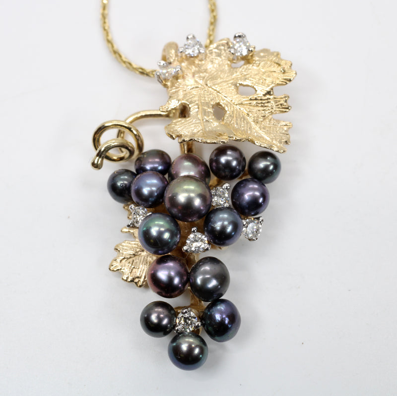 Black Pearls Grape Cluster Necklace with diamonds made in 14kt Gold