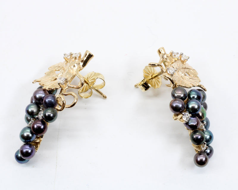 Black Pearl Grape Cluster Earrings with Freshwater Pearls and Diamonds