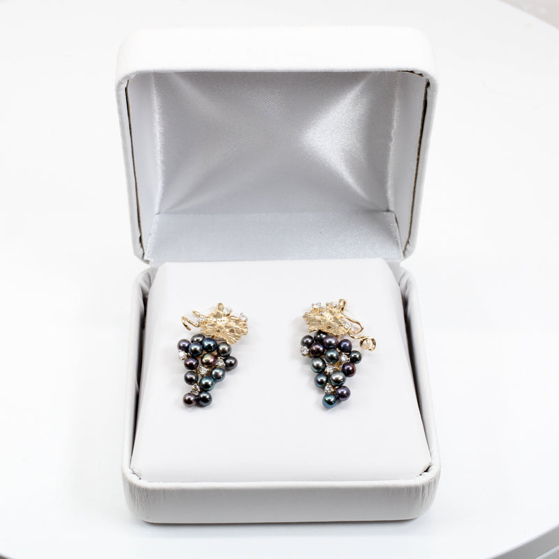 Black Pearl Grape Cluster Earrings with Freshwater Pearls and Diamonds