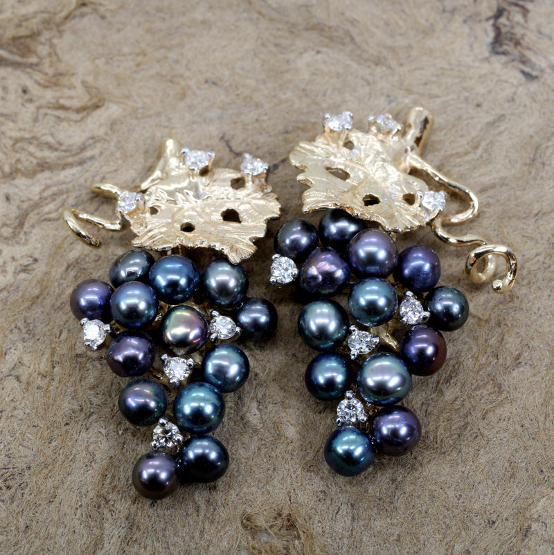 Black Pearl Grape Cluster Earrings with Freshwater Pearls and Diamonds