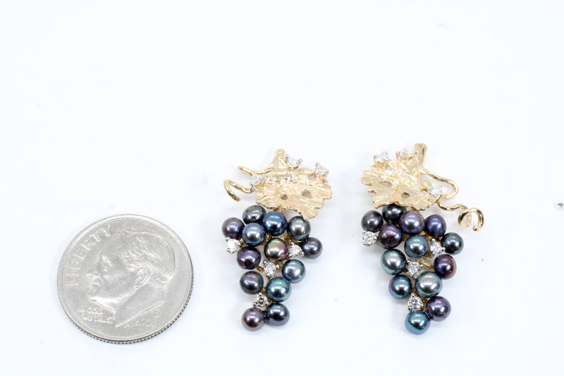 Black Pearl Grape Cluster Earrings with Freshwater Pearls and Diamonds