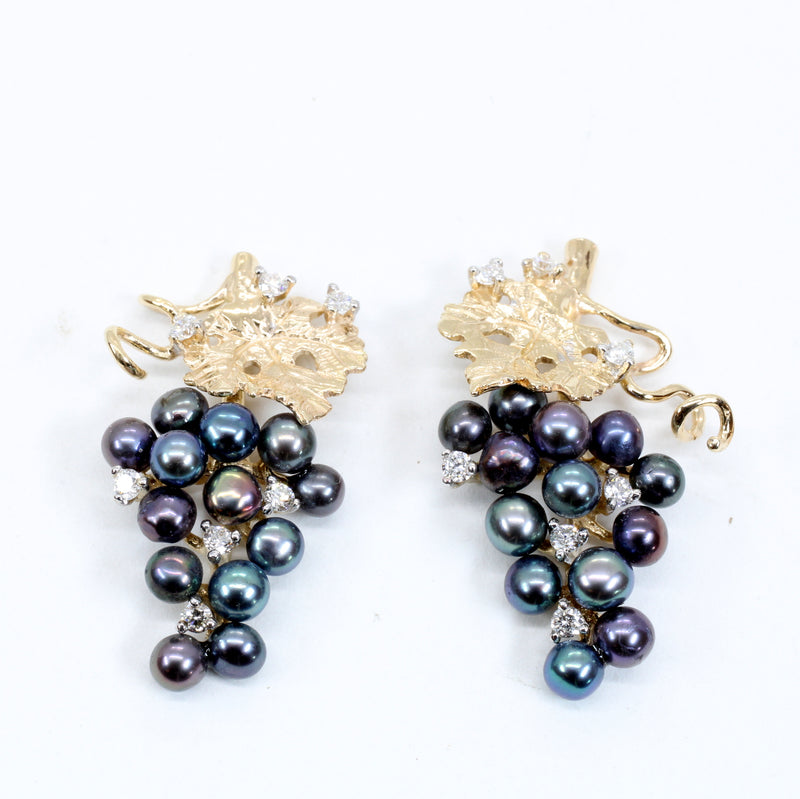 Black Pearl Grape Cluster Earrings with Freshwater Pearls and Diamonds